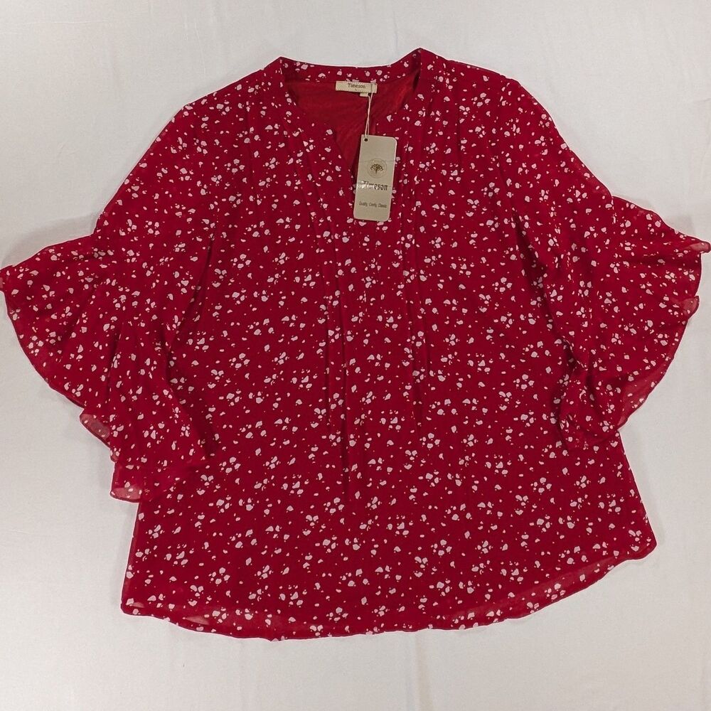Timeson Holiday red white v neck blouse women's flutter 3/4 sleeve Size Large